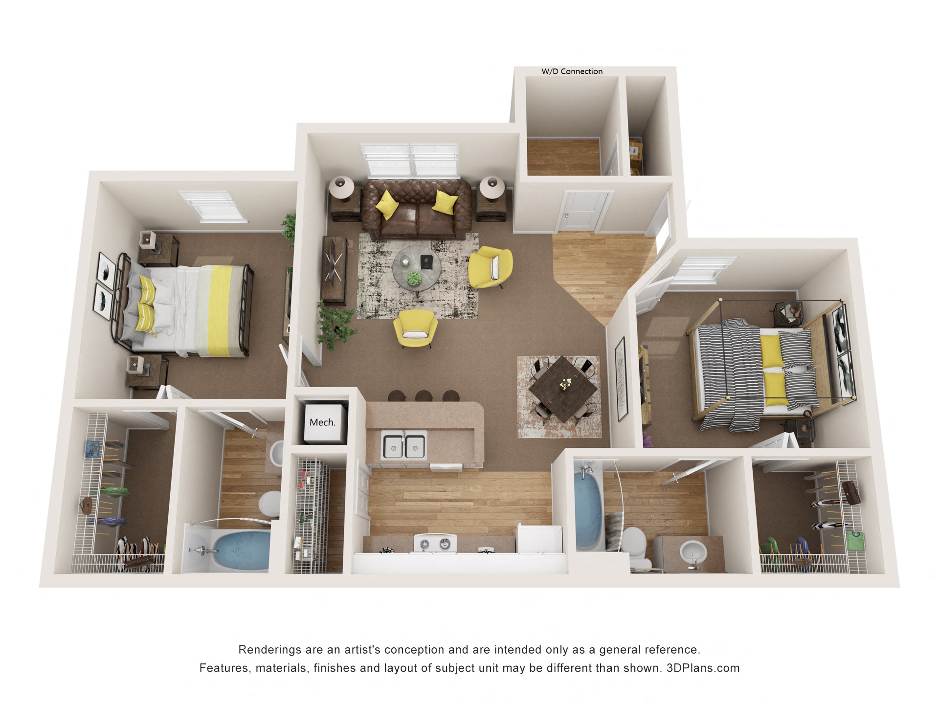 Floor plan for 2 beds, 2 baths, 951 sqft
